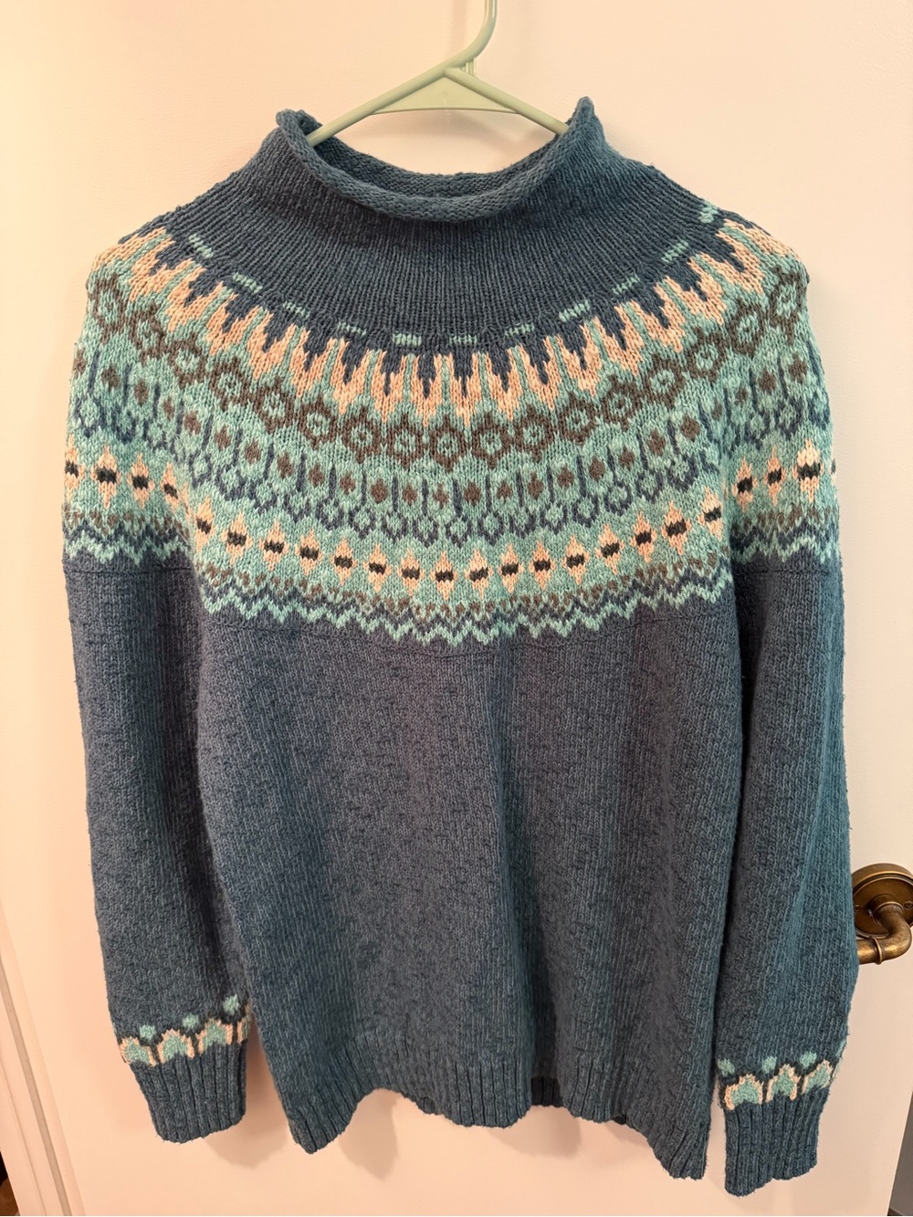 L.L.Bean Vintage Fair Isle Sweater 100% Cotton Blue Teal Size M - Picture 2 of 6